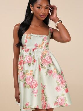 Lulus Unbelievably Lovely Sage Floral Babydoll Empire Waist Mini Dress Green